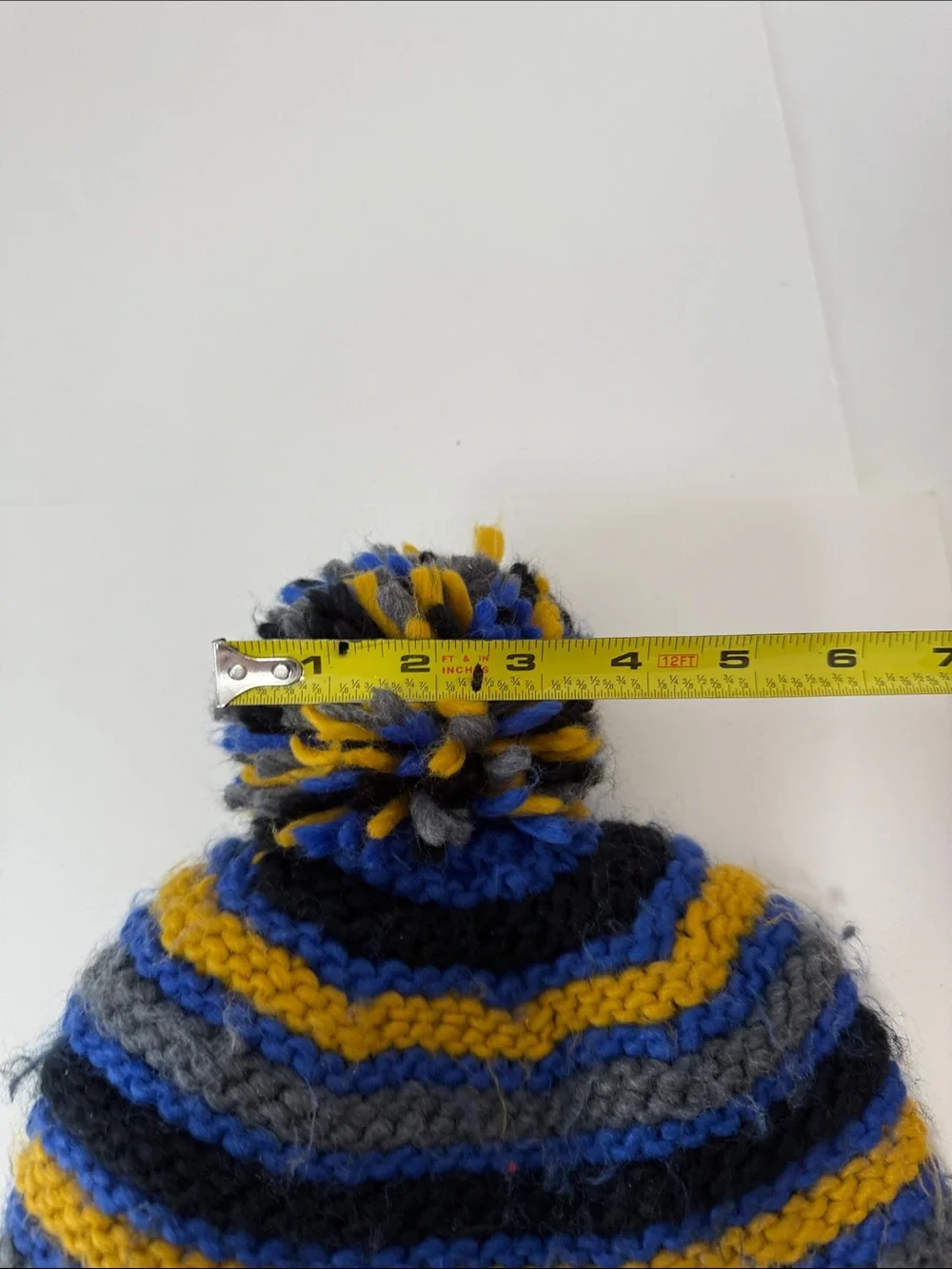 Turtle fur -Striped Knit Pom Earflap Hat for Kids — Blue, Yellow & Gray